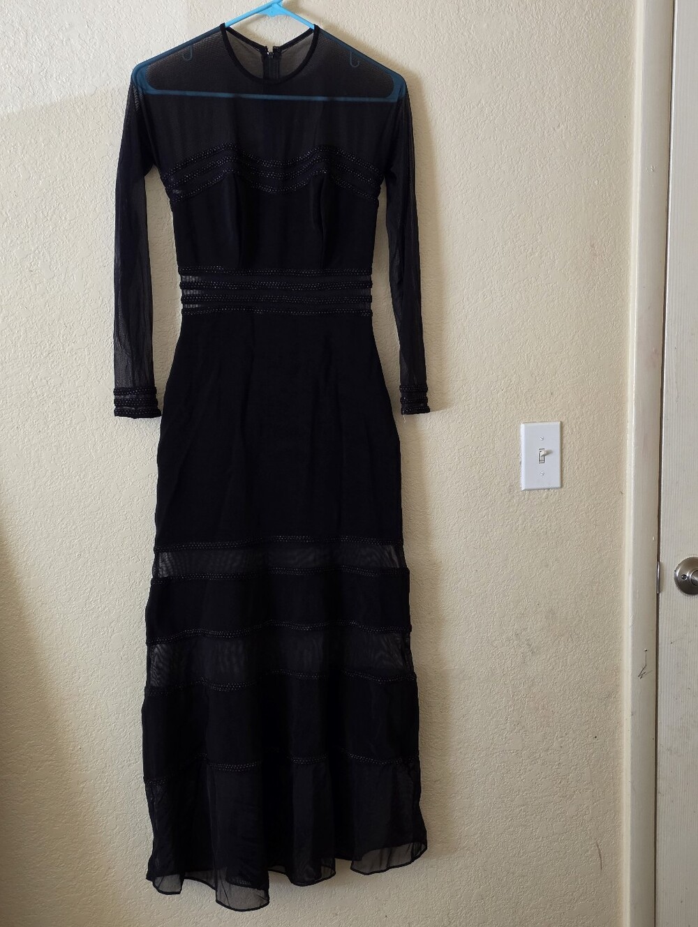 Tadashi Shoji Black Long Sleeve Sheer Panel Maxi Dress Size Small